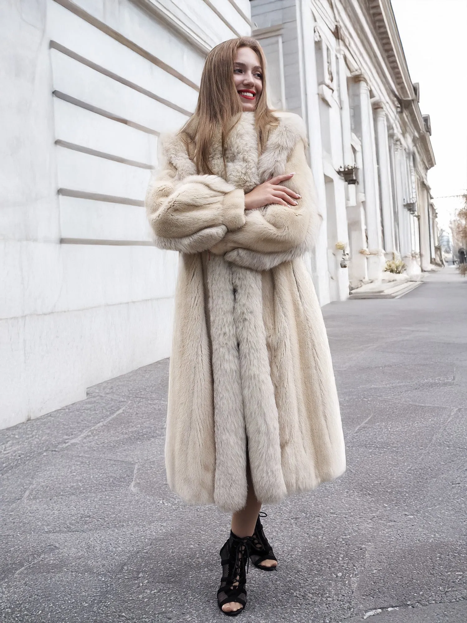 Vintage Beige Pearl Mink Fur Coat Fox Trim S/M