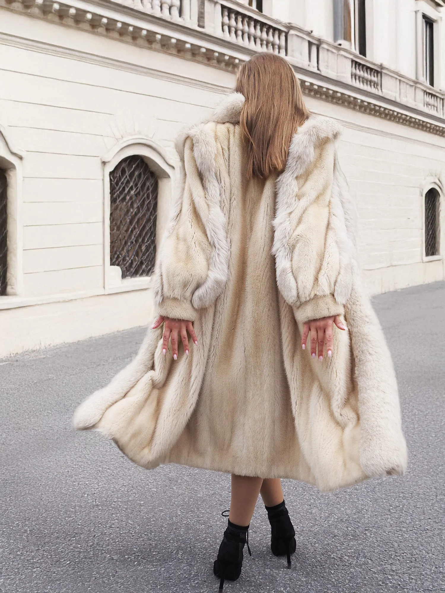 Vintage Beige Pearl Mink Fur Coat Fox Trim S/M