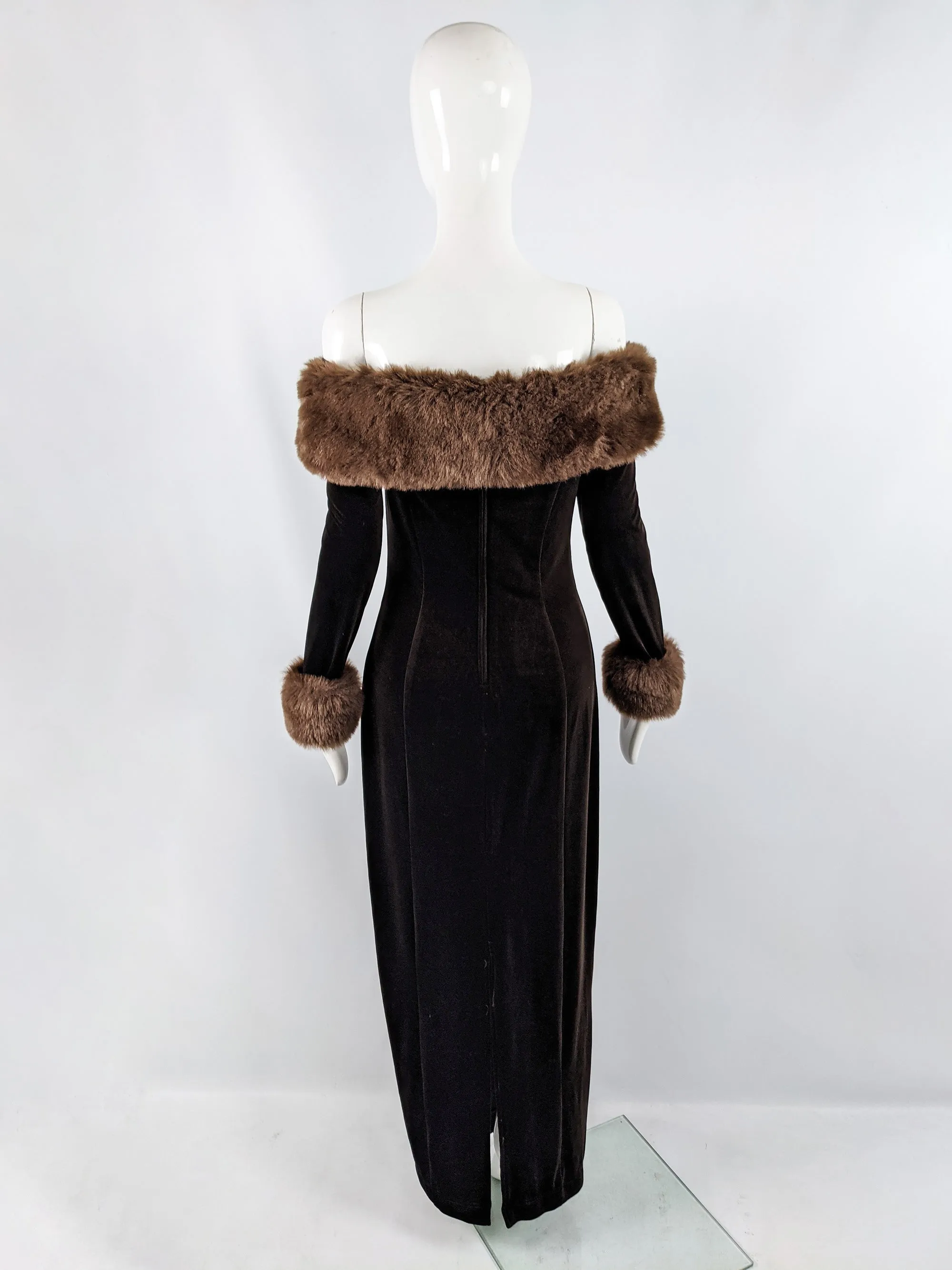 Vintage Brown Velour & Faux Fur Evening Gown, 1990s