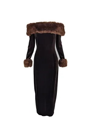 Vintage Brown Velour & Faux Fur Evening Gown, 1990s