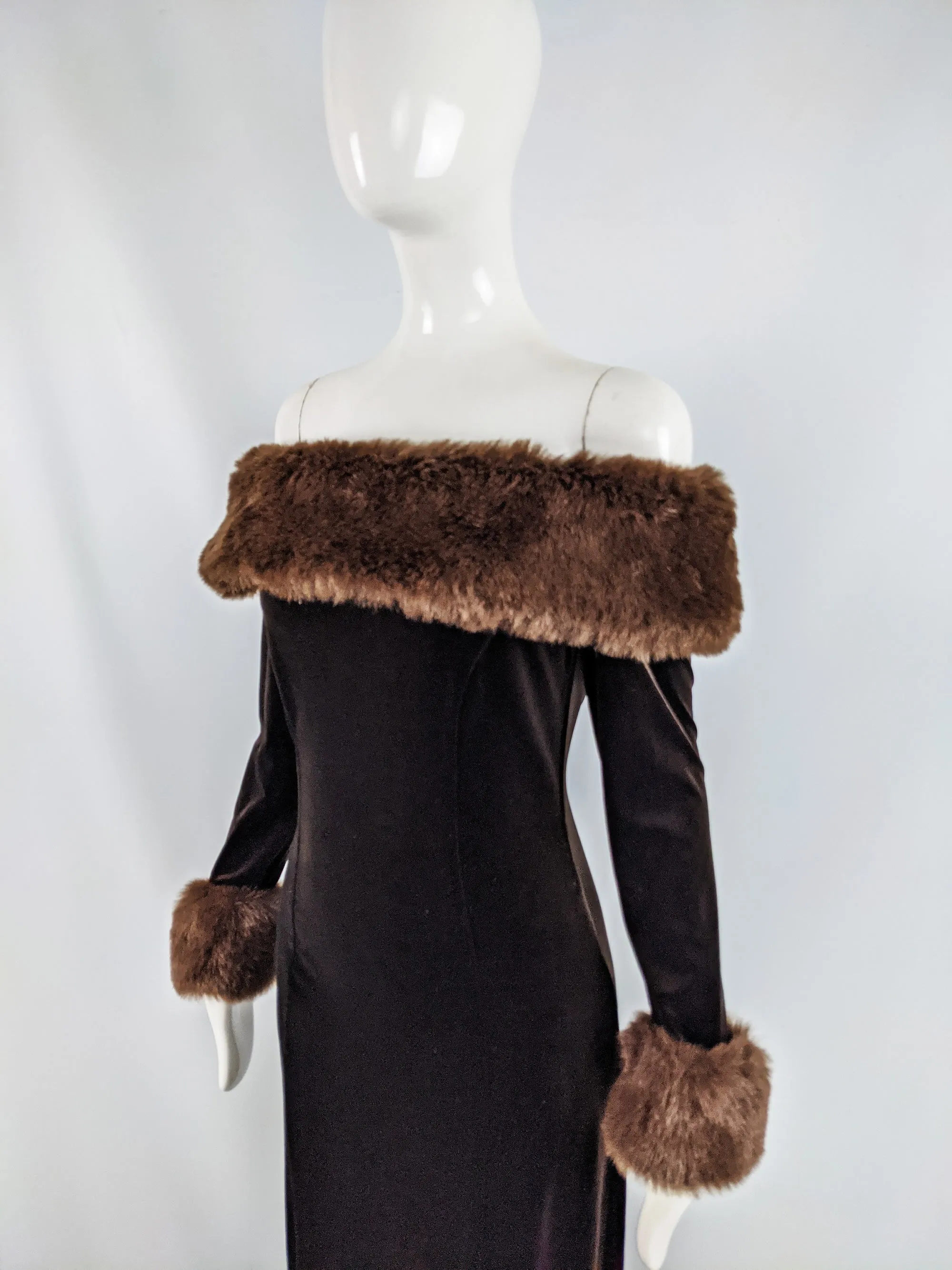 Vintage Brown Velour & Faux Fur Evening Gown, 1990s