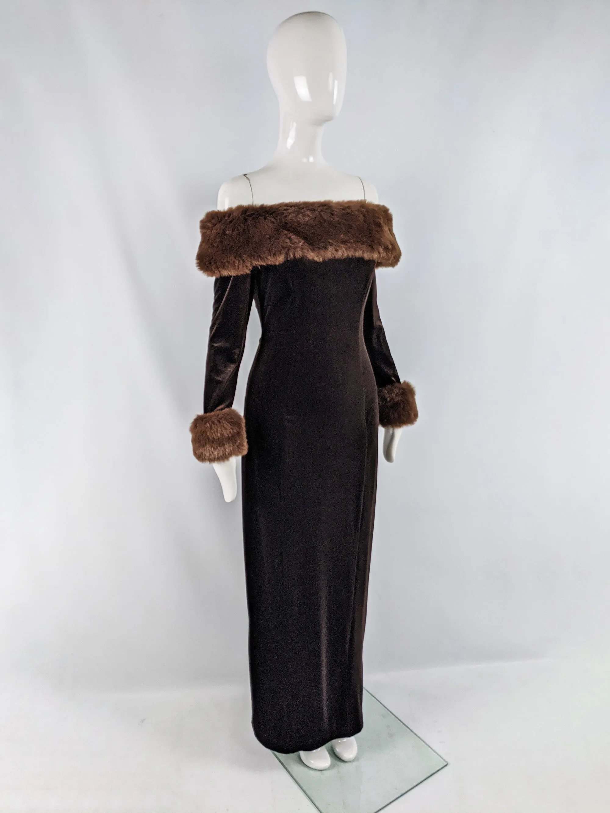 Vintage Brown Velour & Faux Fur Evening Gown, 1990s