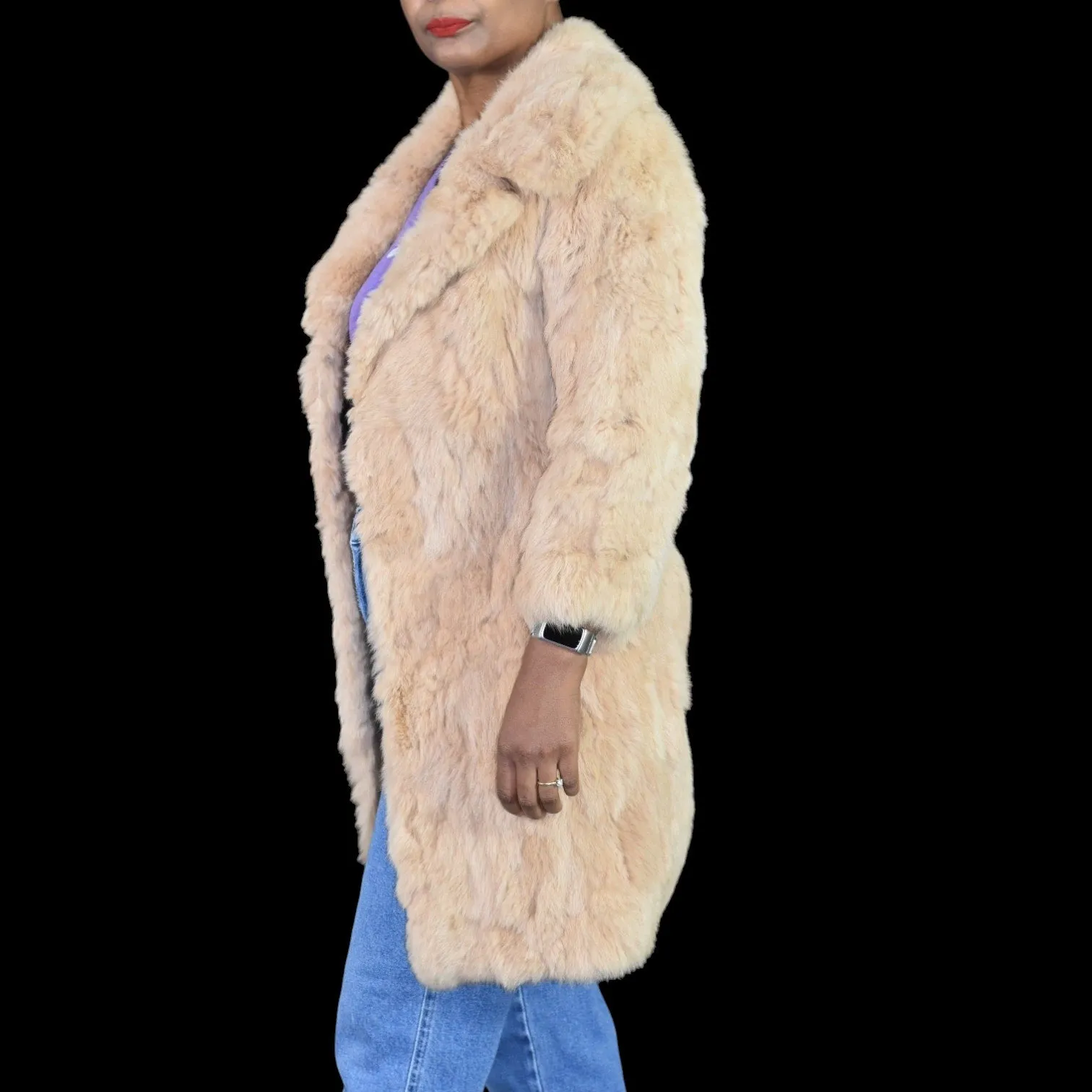 Vintage Dino Ricco Rabbit Fur Coat Tan Blond Chunky Jacket Slim Retro Trench Shaggy Size XXS