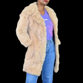 Vintage Dino Ricco Rabbit Fur Coat Tan Blond Chunky Jacket Slim Retro Trench Shaggy Size XXS