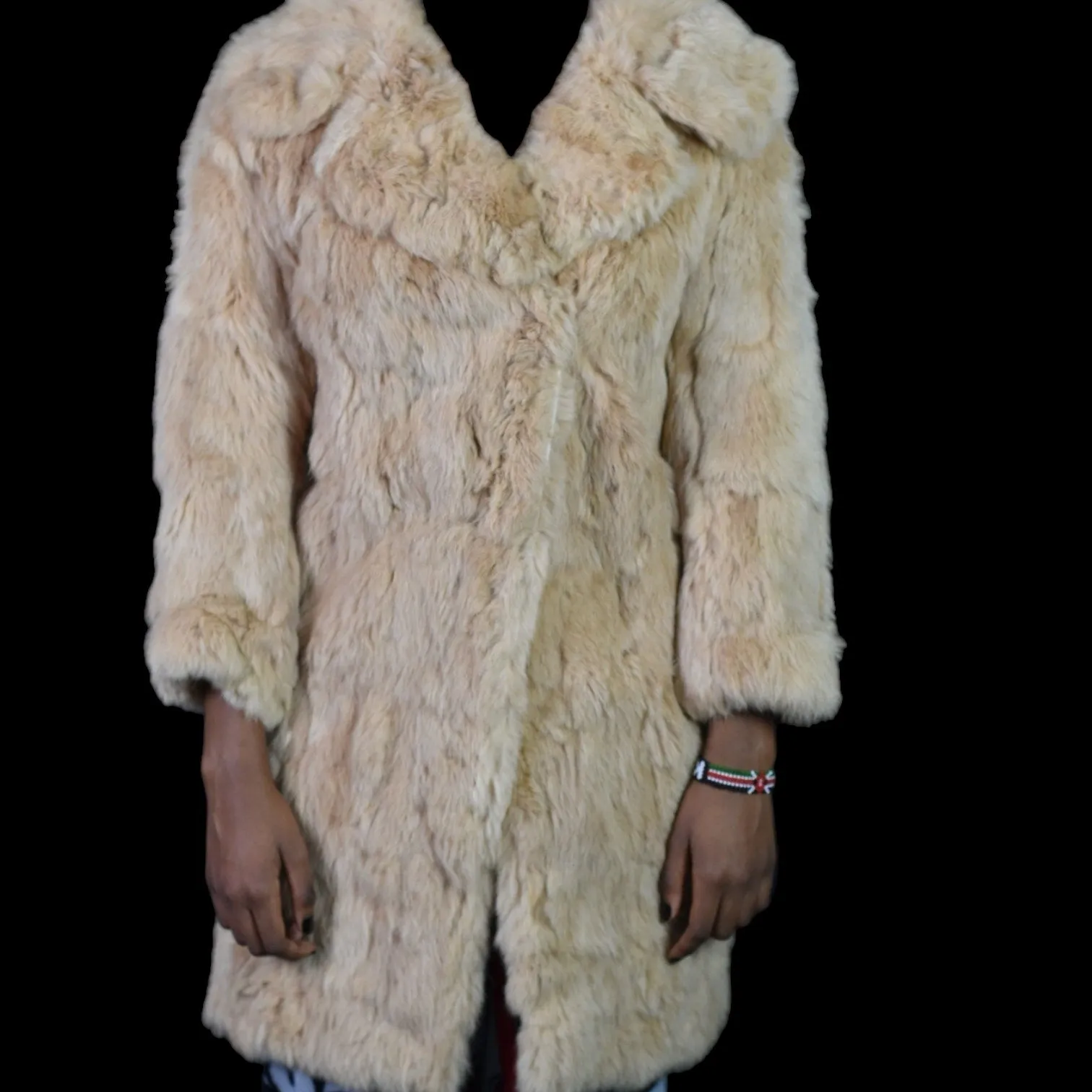 Vintage Dino Ricco Rabbit Fur Coat Tan Blond Chunky Jacket Slim Retro Trench Shaggy Size XXS