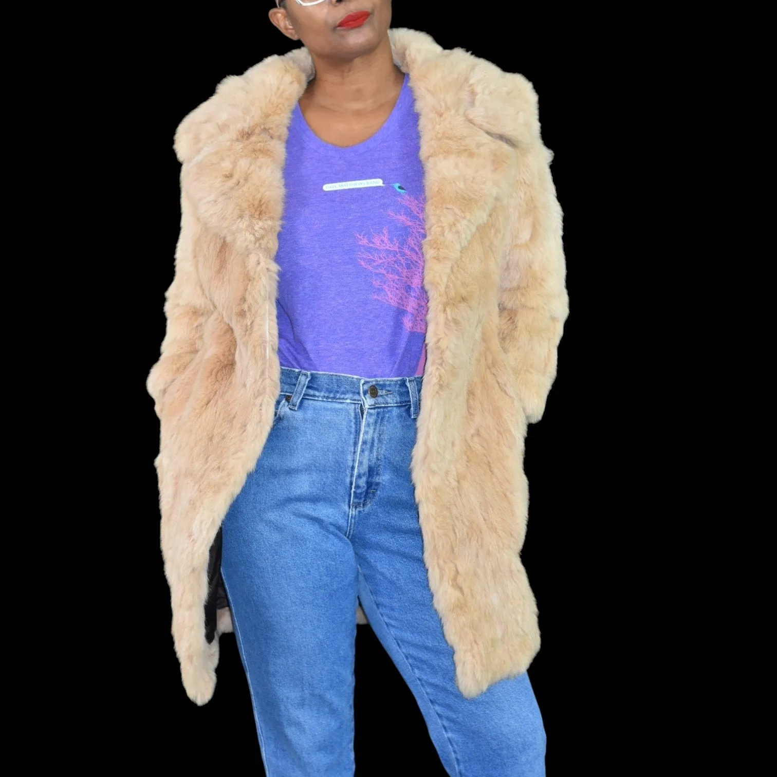 Vintage Dino Ricco Rabbit Fur Coat Tan Blond Chunky Jacket Slim Retro Trench Shaggy Size XXS