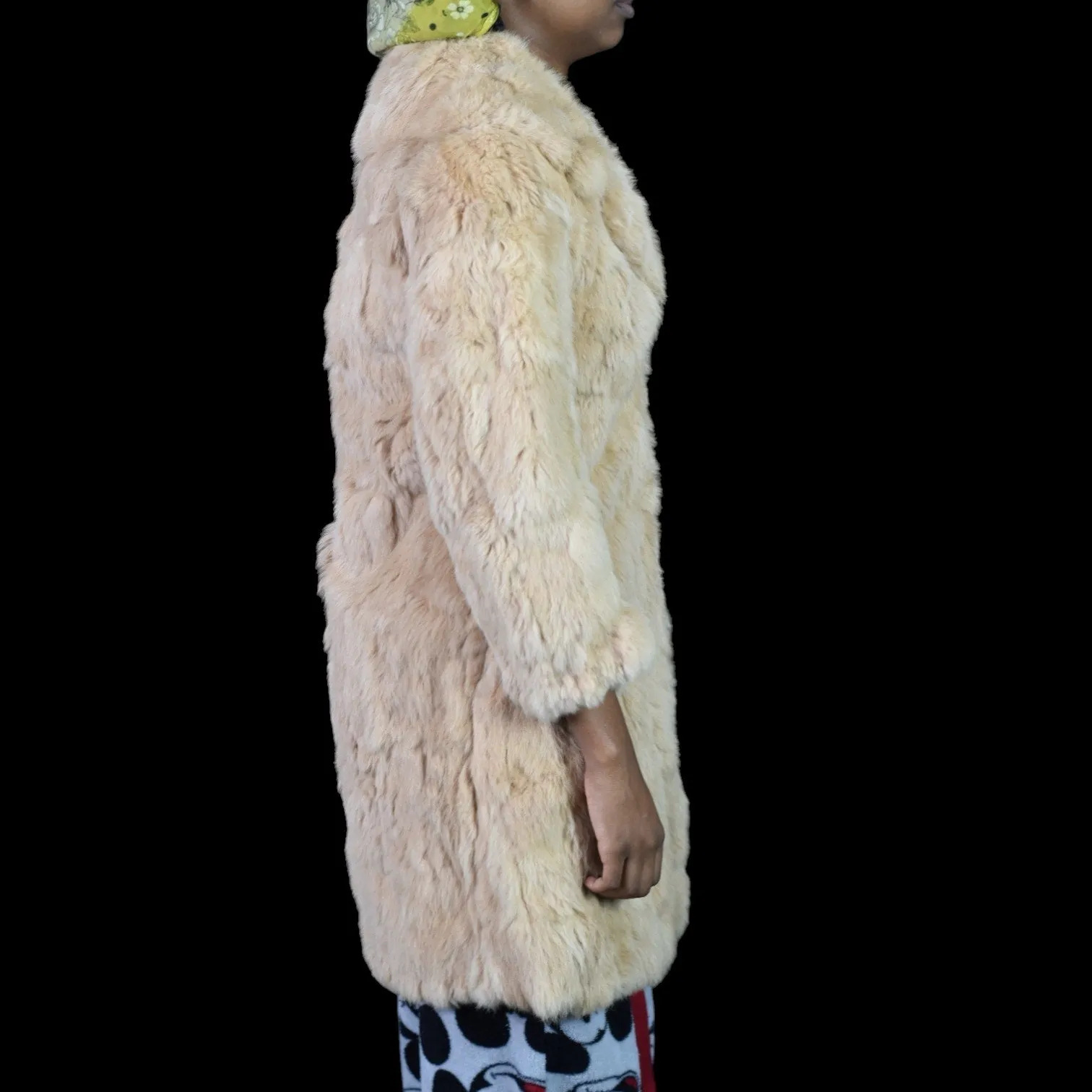 Vintage Dino Ricco Rabbit Fur Coat Tan Blond Chunky Jacket Slim Retro Trench Shaggy Size XXS