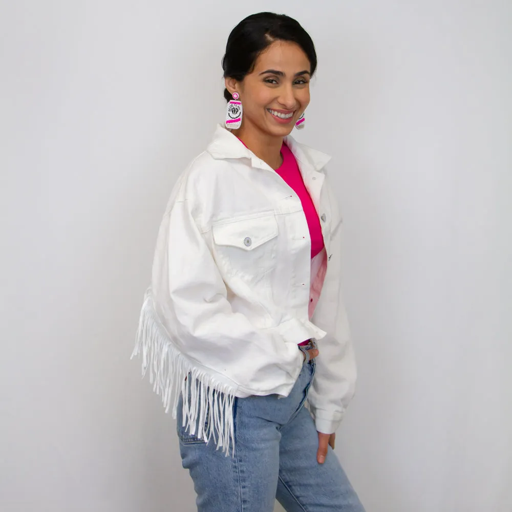 (White Fringe) Bride White Fringe Denim Jacket