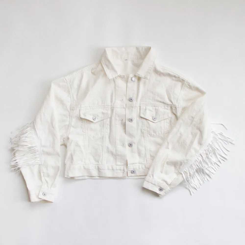 (White Fringe) Bride White Fringe Denim Jacket