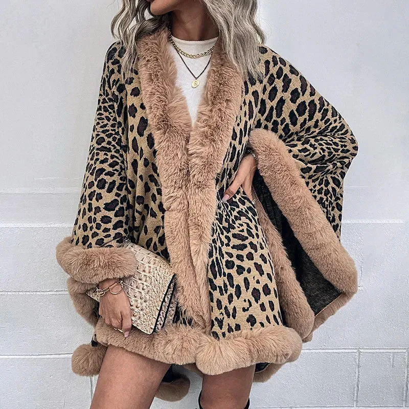 Winter Warm Poncho Fur Collar Cape Coat Vintage Leopard Batwing Shawl