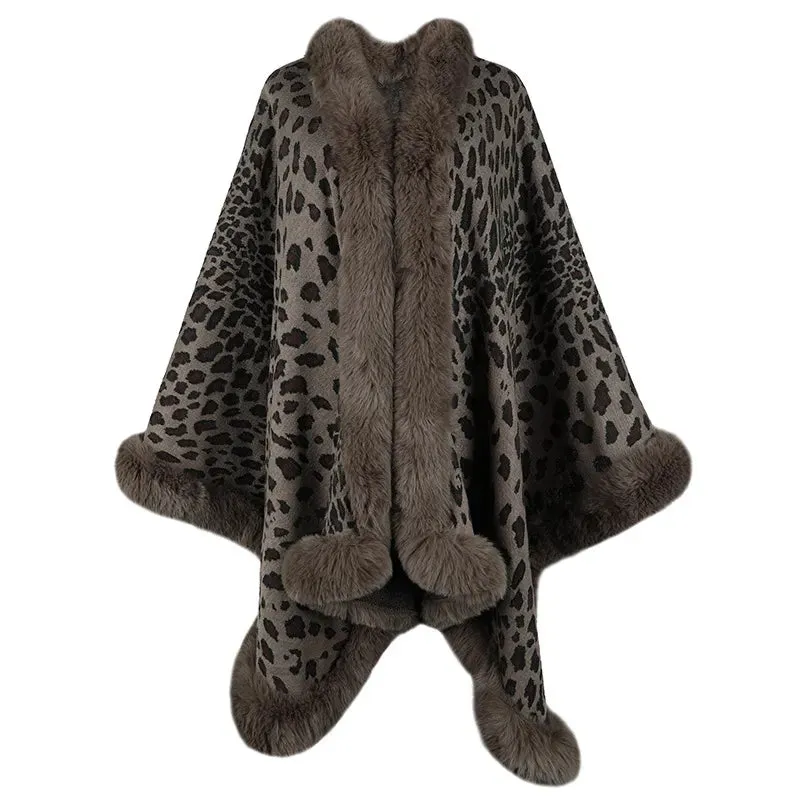 Winter Warm Poncho Fur Collar Cape Coat Vintage Leopard Batwing Shawl