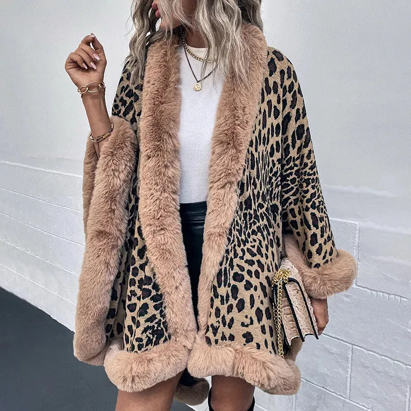 Winter Warm Poncho Fur Collar Cape Coat Vintage Leopard Batwing Shawl