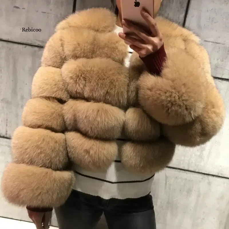 Winter  Women Warm Luxury Fake Fox Fur Coat Short Winter Fur Jacket Outerwear Natural Blue Fox Fur Jacket Outerwear