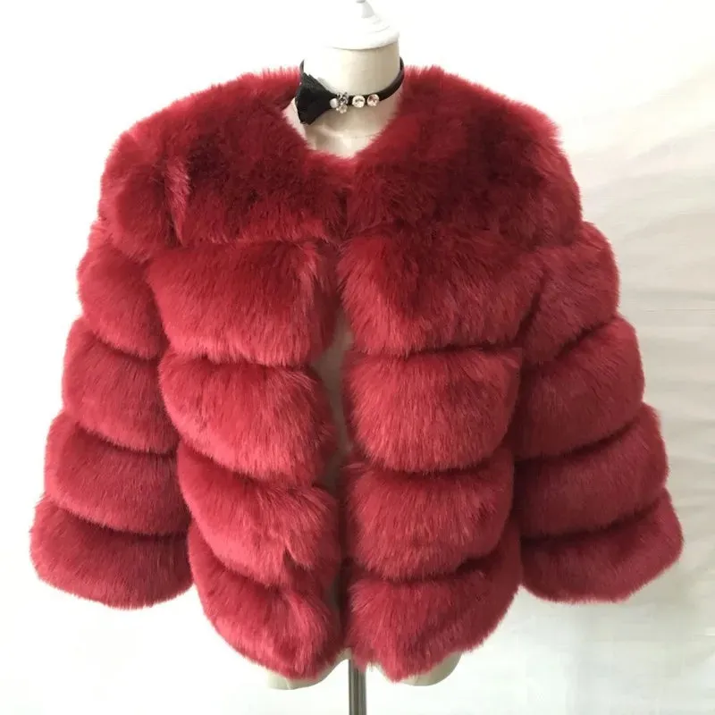 Winter  Women Warm Luxury Fake Fox Fur Coat Short Winter Fur Jacket Outerwear Natural Blue Fox Fur Jacket Outerwear