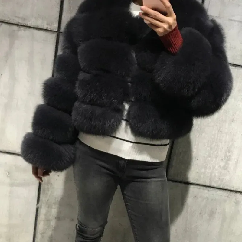 Winter  Women Warm Luxury Fake Fox Fur Coat Short Winter Fur Jacket Outerwear Natural Blue Fox Fur Jacket Outerwear