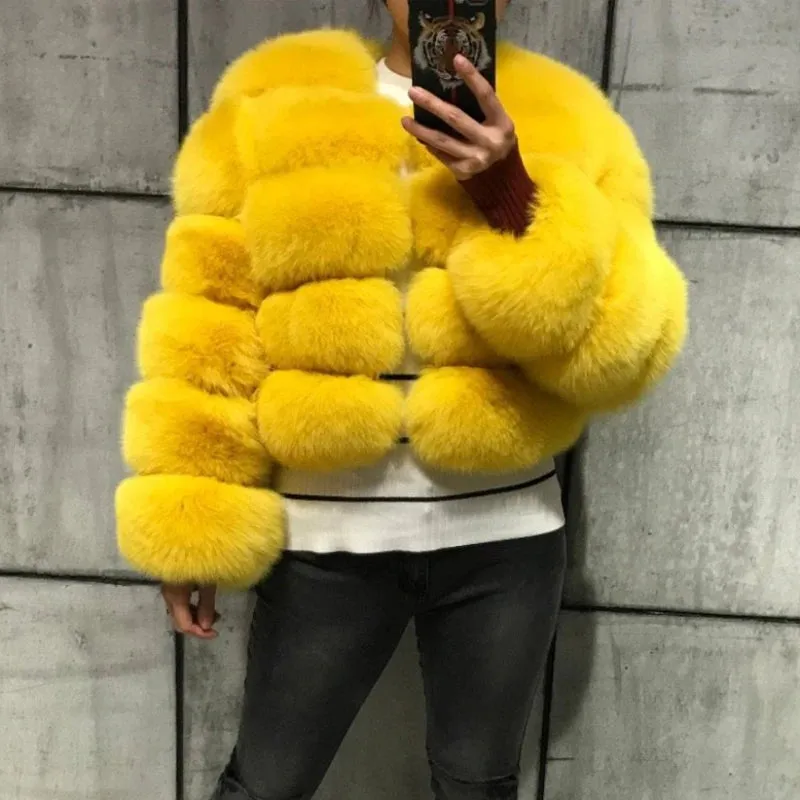 Winter  Women Warm Luxury Fake Fox Fur Coat Short Winter Fur Jacket Outerwear Natural Blue Fox Fur Jacket Outerwear