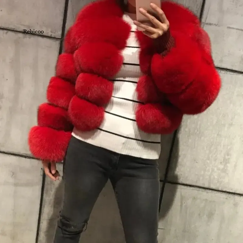 Winter  Women Warm Luxury Fake Fox Fur Coat Short Winter Fur Jacket Outerwear Natural Blue Fox Fur Jacket Outerwear