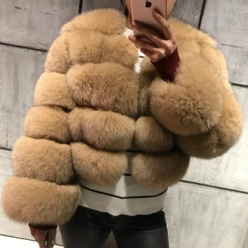 Winter  Women Warm Luxury Fake Fox Fur Coat Short Winter Fur Jacket Outerwear Natural Blue Fox Fur Jacket Outerwear