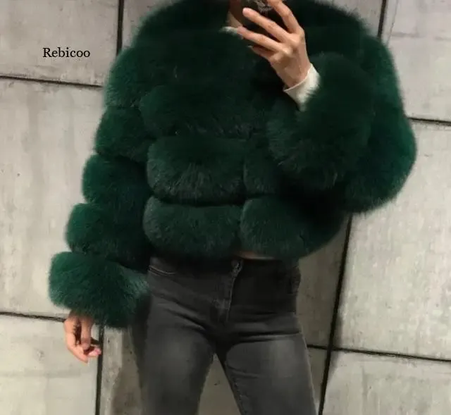 Winter  Women Warm Luxury Fake Fox Fur Coat Short Winter Fur Jacket Outerwear Natural Blue Fox Fur Jacket Outerwear