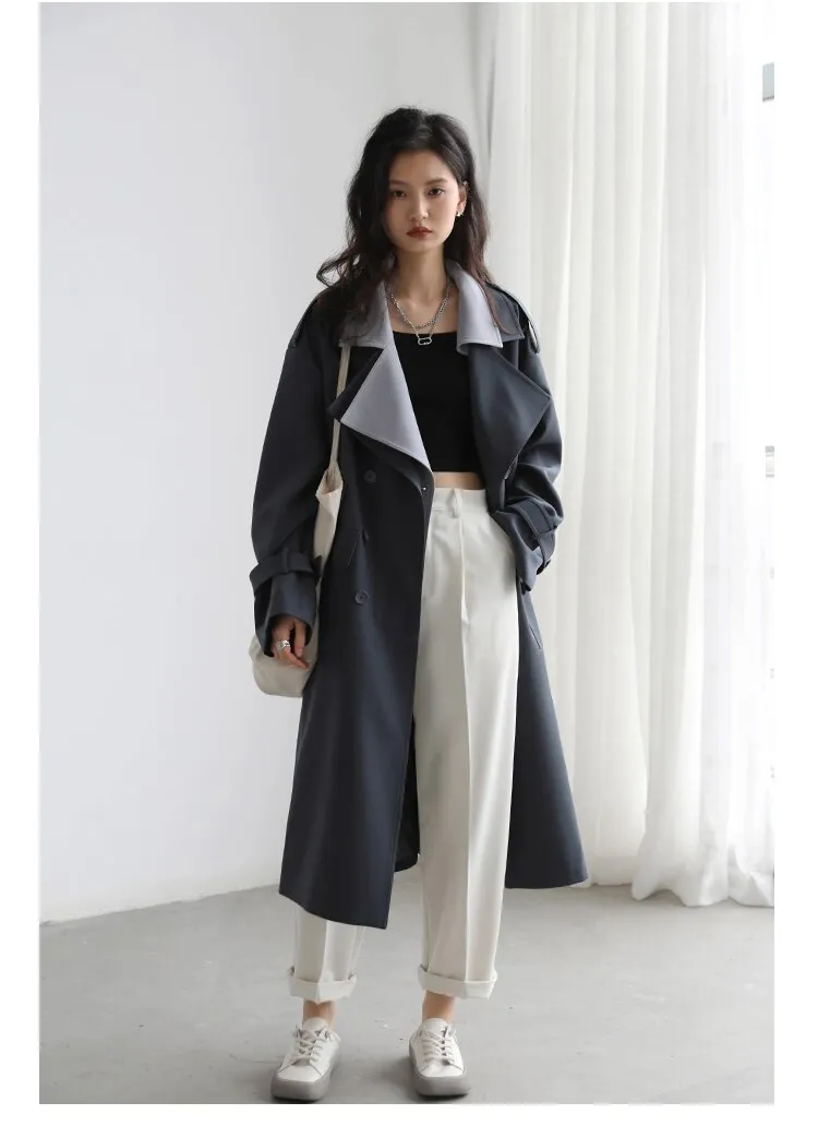 Wjczt Women Trench Solid Loose Contrast Double Collar Double Breasted Long Women's Windbreaker Coat Office Lady Spring 2022