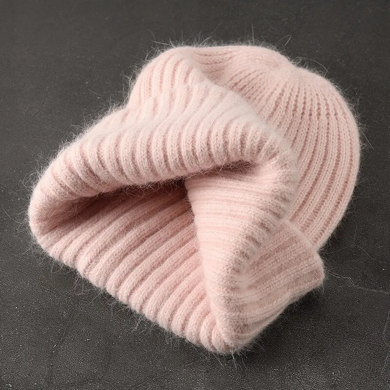 Woman Stripe Knitted Hat Women Winter Rabbit Fur Beanies Hat  Female Girl Fasion Solid Bonnet Thick Warm Soft Cashmere Wool Cap