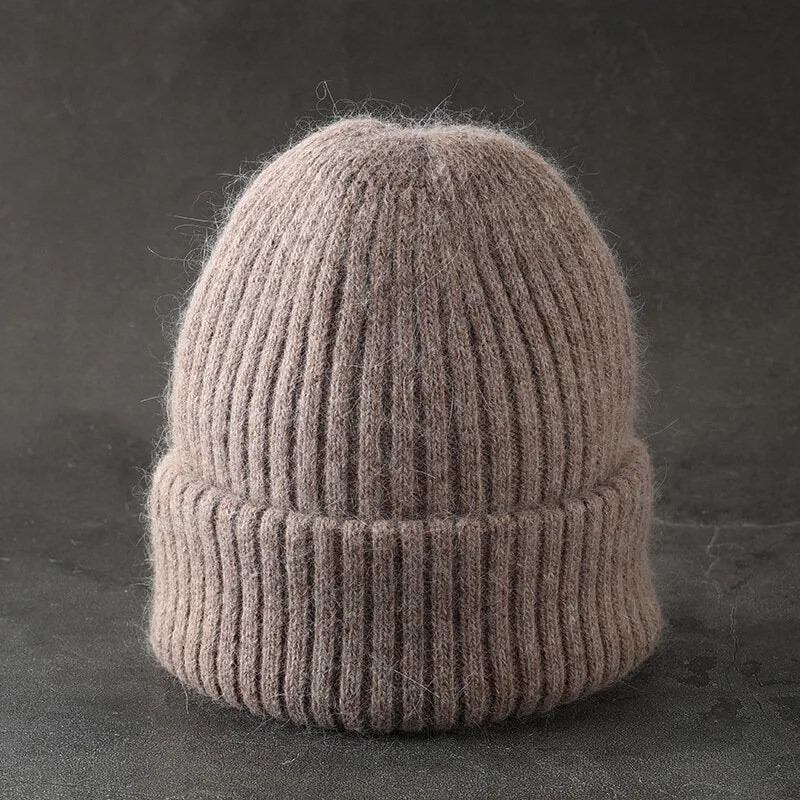 Woman Stripe Knitted Hat Women Winter Rabbit Fur Beanies Hat  Female Girl Fasion Solid Bonnet Thick Warm Soft Cashmere Wool Cap