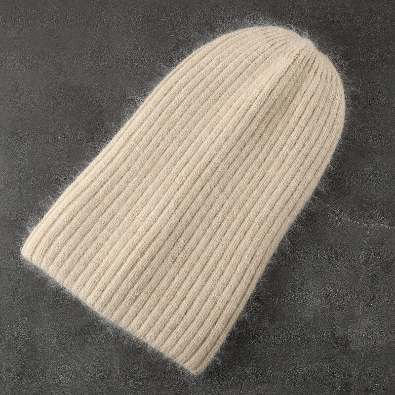 Woman Stripe Knitted Hat Women Winter Rabbit Fur Beanies Hat  Female Girl Fasion Solid Bonnet Thick Warm Soft Cashmere Wool Cap