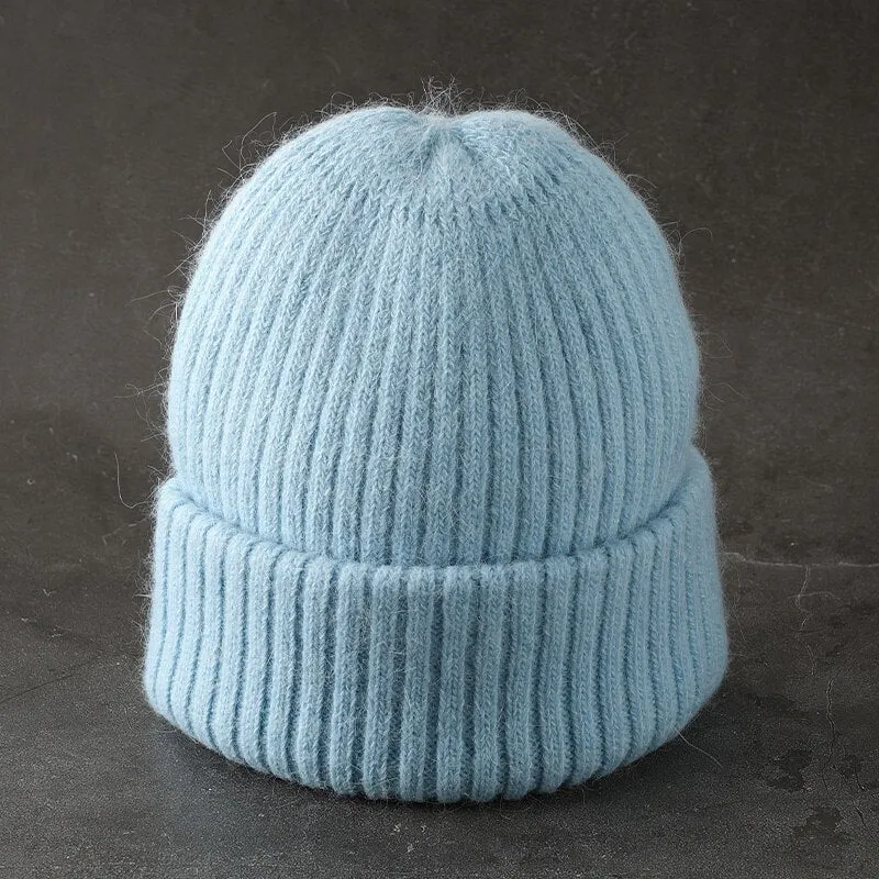 Woman Stripe Knitted Hat Women Winter Rabbit Fur Beanies Hat  Female Girl Fasion Solid Bonnet Thick Warm Soft Cashmere Wool Cap