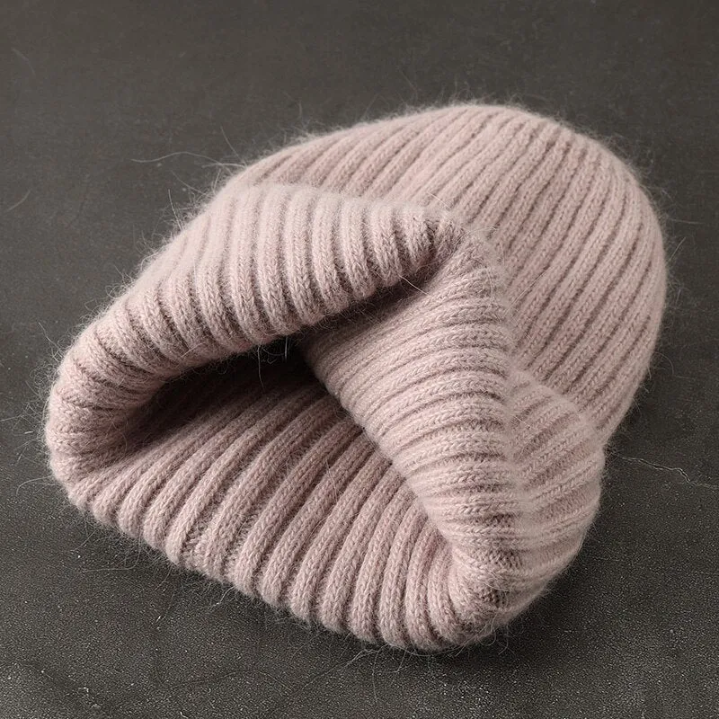 Woman Stripe Knitted Hat Women Winter Rabbit Fur Beanies Hat  Female Girl Fasion Solid Bonnet Thick Warm Soft Cashmere Wool Cap