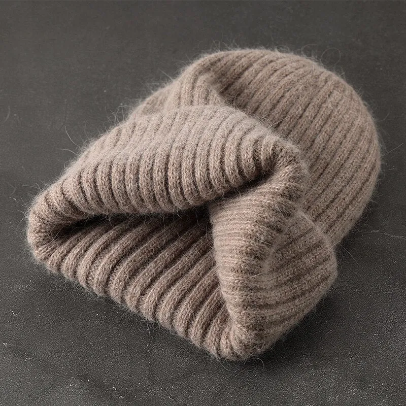 Woman Stripe Knitted Hat Women Winter Rabbit Fur Beanies Hat  Female Girl Fasion Solid Bonnet Thick Warm Soft Cashmere Wool Cap