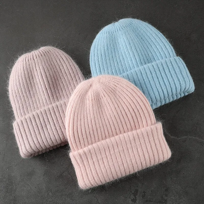 Woman Stripe Knitted Hat Women Winter Rabbit Fur Beanies Hat  Female Girl Fasion Solid Bonnet Thick Warm Soft Cashmere Wool Cap