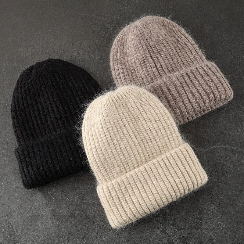 Woman Stripe Knitted Hat Women Winter Rabbit Fur Beanies Hat  Female Girl Fasion Solid Bonnet Thick Warm Soft Cashmere Wool Cap