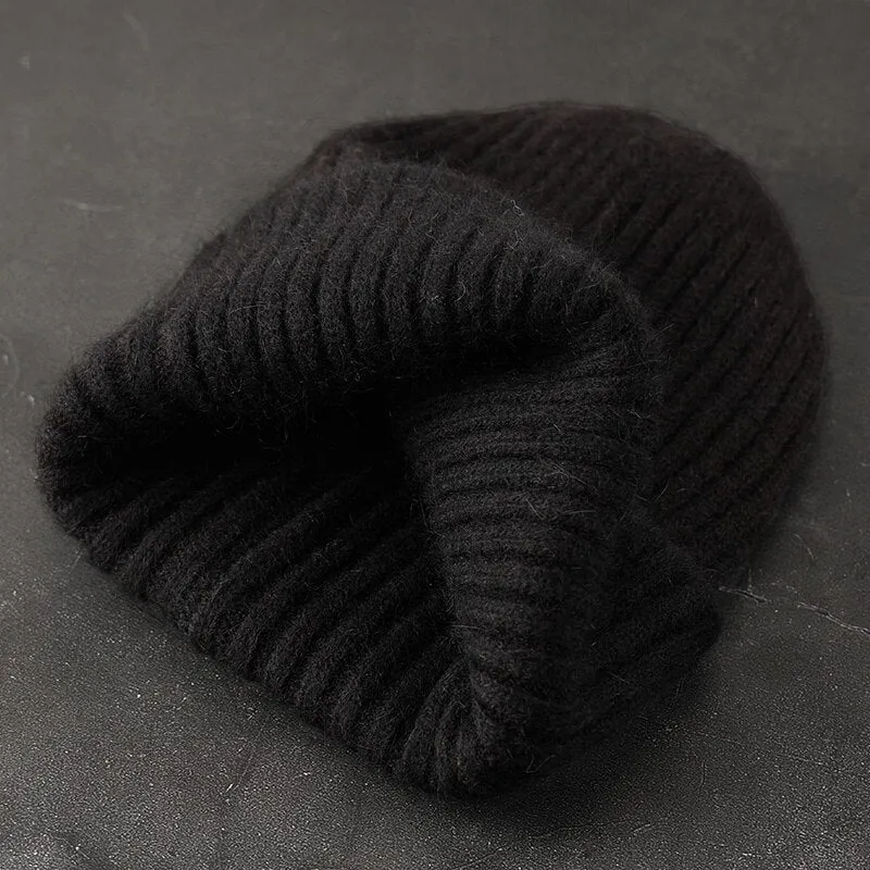 Woman Stripe Knitted Hat Women Winter Rabbit Fur Beanies Hat  Female Girl Fasion Solid Bonnet Thick Warm Soft Cashmere Wool Cap