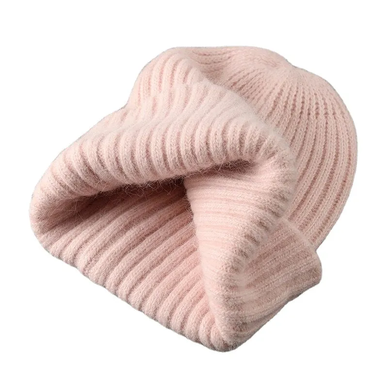 Woman Stripe Knitted Hat Women Winter Rabbit Fur Beanies Hat  Female Girl Fasion Solid Bonnet Thick Warm Soft Cashmere Wool Cap