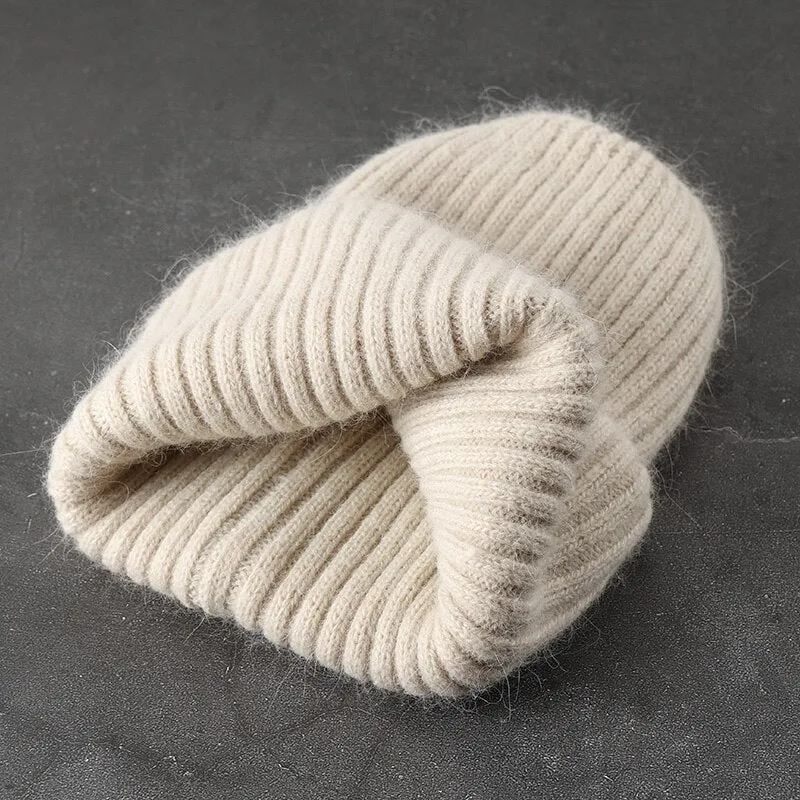 Woman Stripe Knitted Hat Women Winter Rabbit Fur Beanies Hat  Female Girl Fasion Solid Bonnet Thick Warm Soft Cashmere Wool Cap