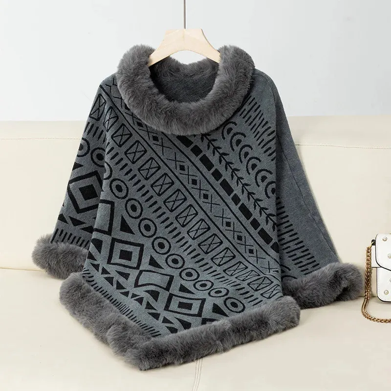 Women Cape Coat Sweater Pullovers Fur Collar Cloak  Warm Autumn Casual Ponchos