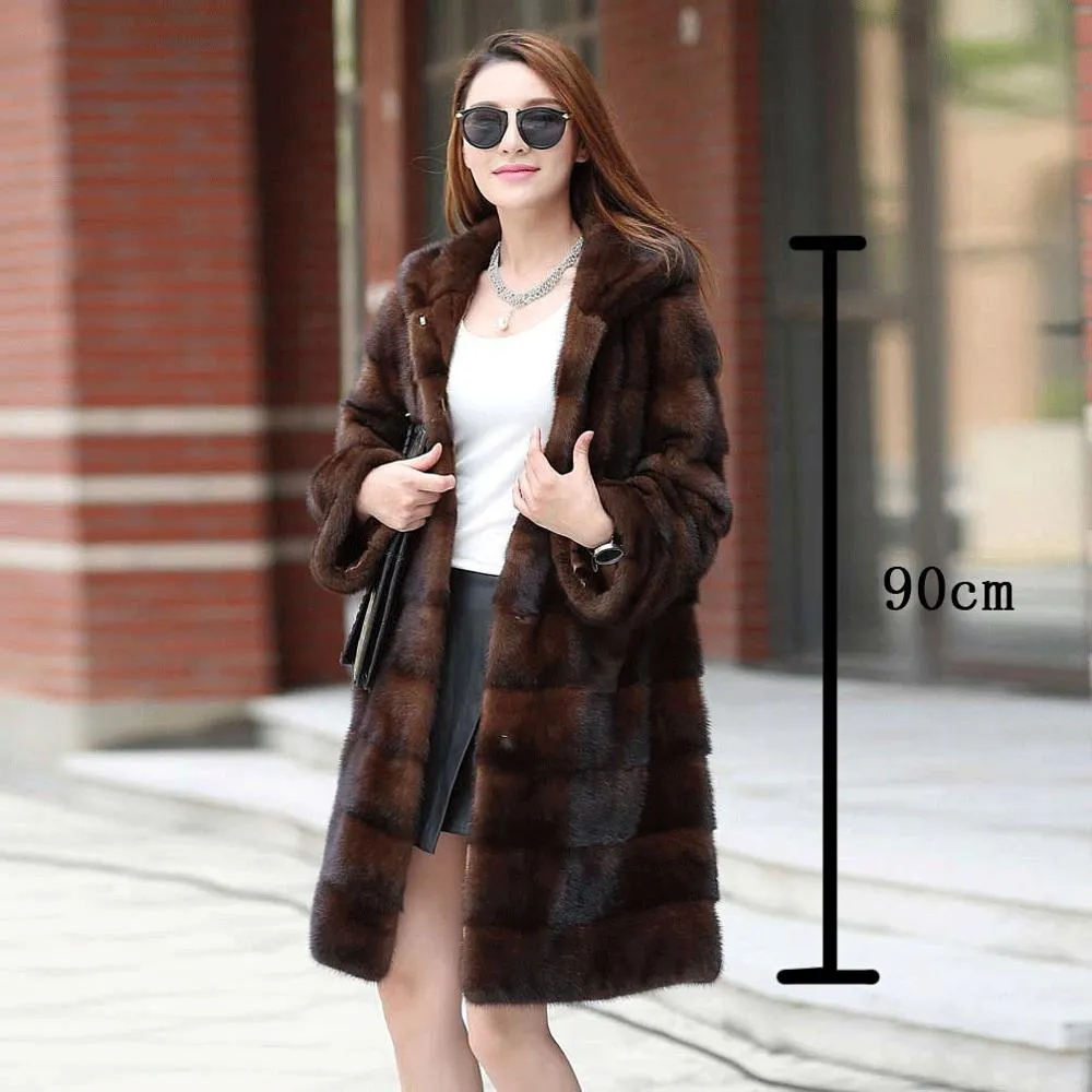 Women's Genuine Mink Fur Coat Women Hood Striped Fashion Winter Fur Overcoat for Women Fur Story FS16150