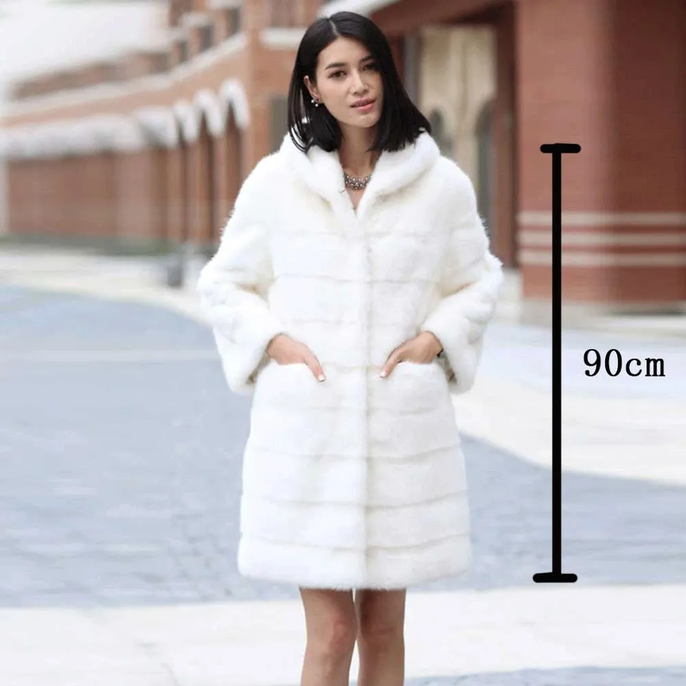 Women's Genuine Mink Fur Coat Women Hood Striped Fashion Winter Fur Overcoat for Women Fur Story FS16150