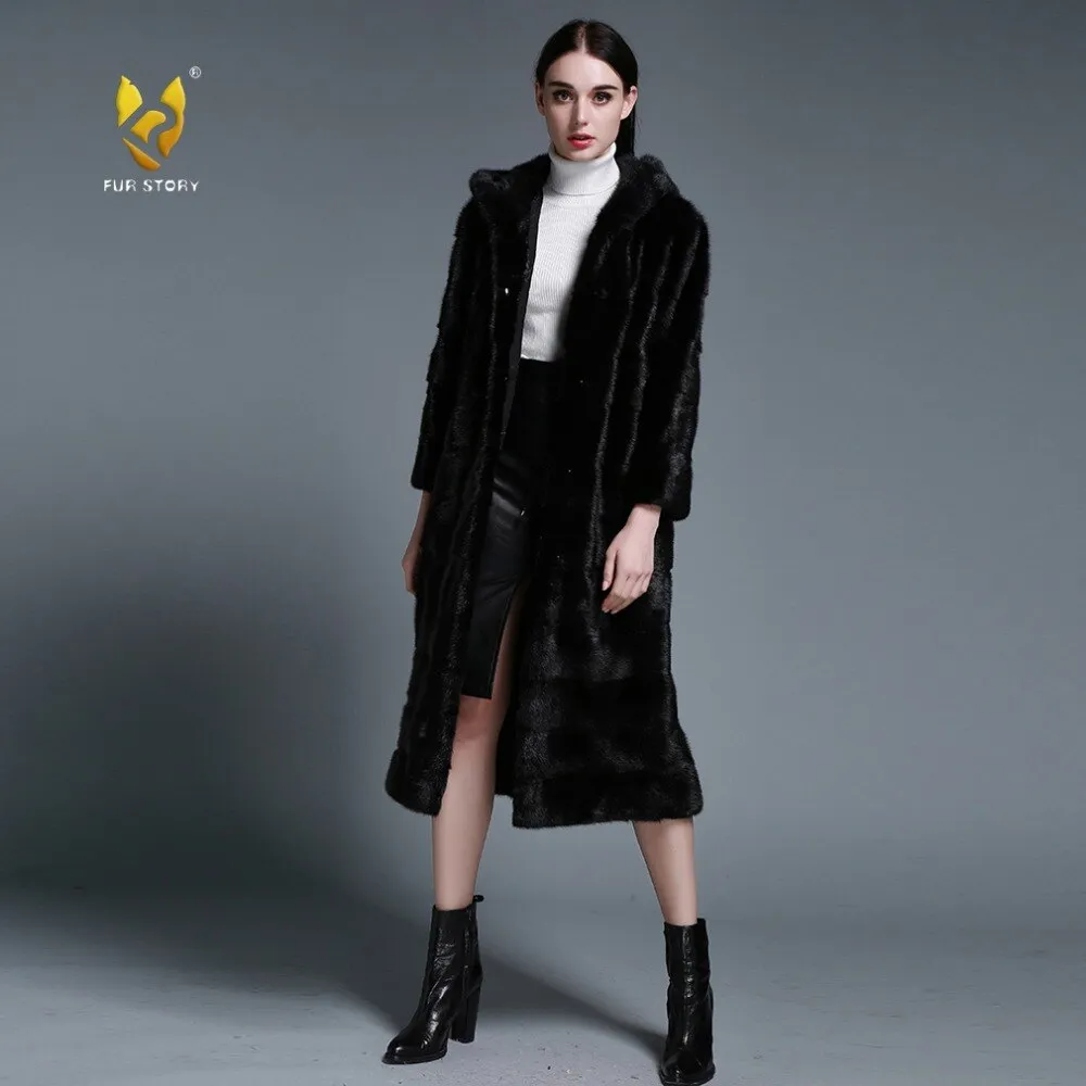 Women's Genuine Mink Fur Coat Women Hood Striped Fashion Winter Fur Overcoat for Women Fur Story FS16150