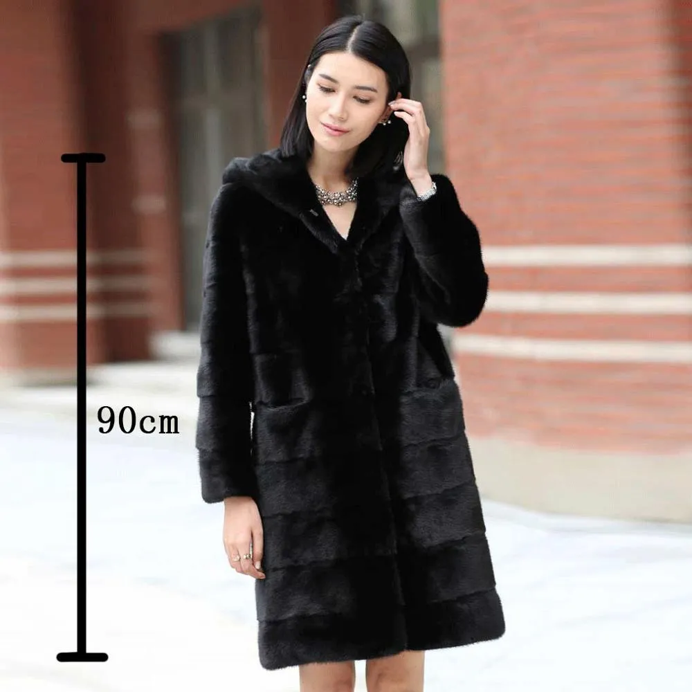 Women's Genuine Mink Fur Coat Women Hood Striped Fashion Winter Fur Overcoat for Women Fur Story FS16150