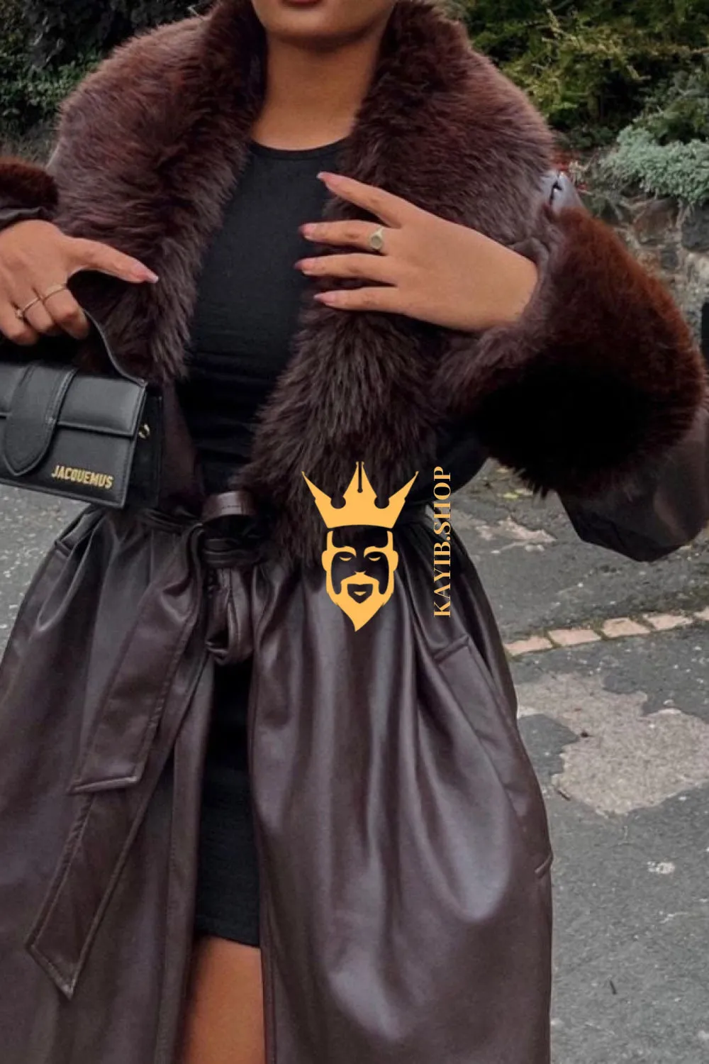 Women's luxury Leather Long Coat Jacket with Fox Fur Collar - Luxurious Elegance for Every Occasion