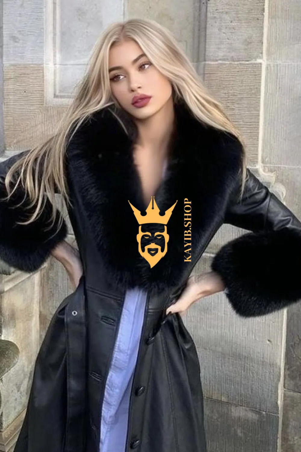 Women's luxury Leather Long Coat Jacket with Fox Fur Collar - Luxurious Elegance for Every Occasion