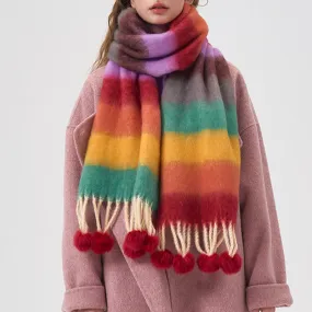 Women's Rainbow Color Striped Tassel Scarf