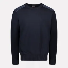 Wool Crewneck Jumper with Corduroy Trim Details / Navy Blue