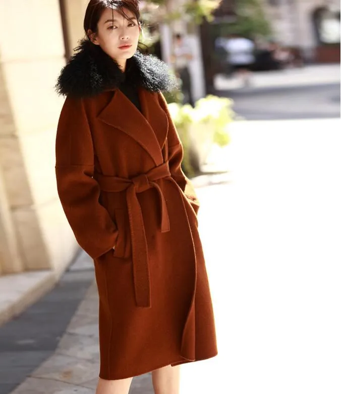 Wool Fur Collar Long Wool Coat Double Face Woolen Coat/8800