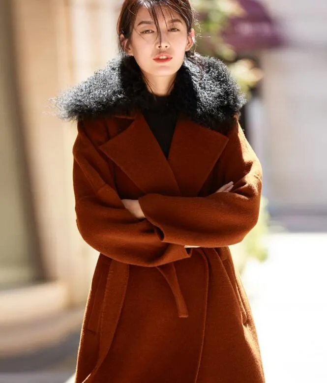 Wool Fur Collar Long Wool Coat Double Face Woolen Coat/8800