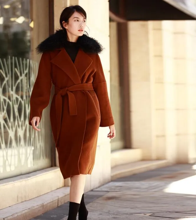 Wool Fur Collar Long Wool Coat Double Face Woolen Coat/8800