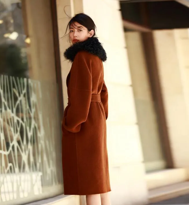 Wool Fur Collar Long Wool Coat Double Face Woolen Coat/8800