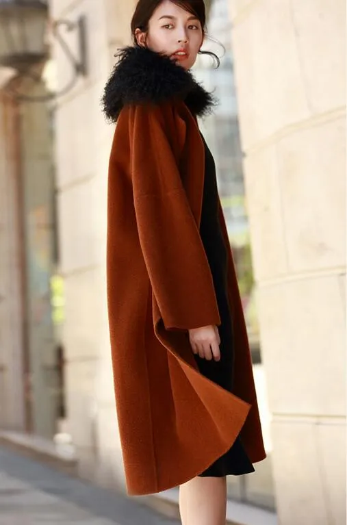 Wool Fur Collar Long Wool Coat Double Face Woolen Coat/8800