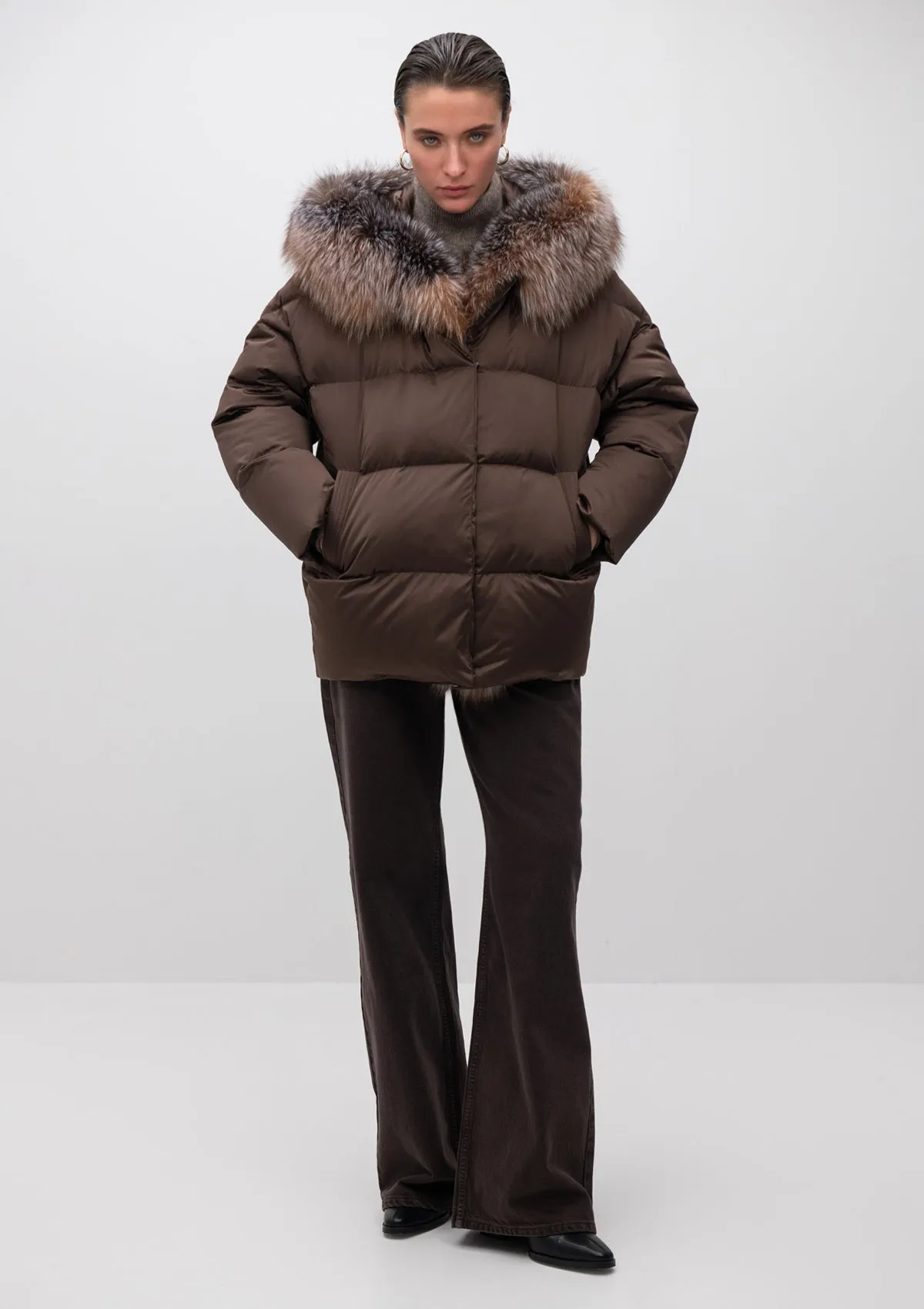 Yves Genuine Silver Fox Fur Down Fill Coat